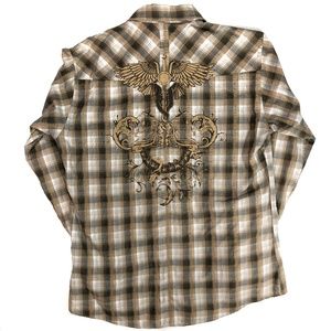 Men’s Empra Brown Plaid Long Sleeve Shirt, Size L